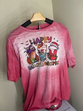 Red 'Happy Halloween Thanksgiving' womens graphic Tee - great for coffee lovers